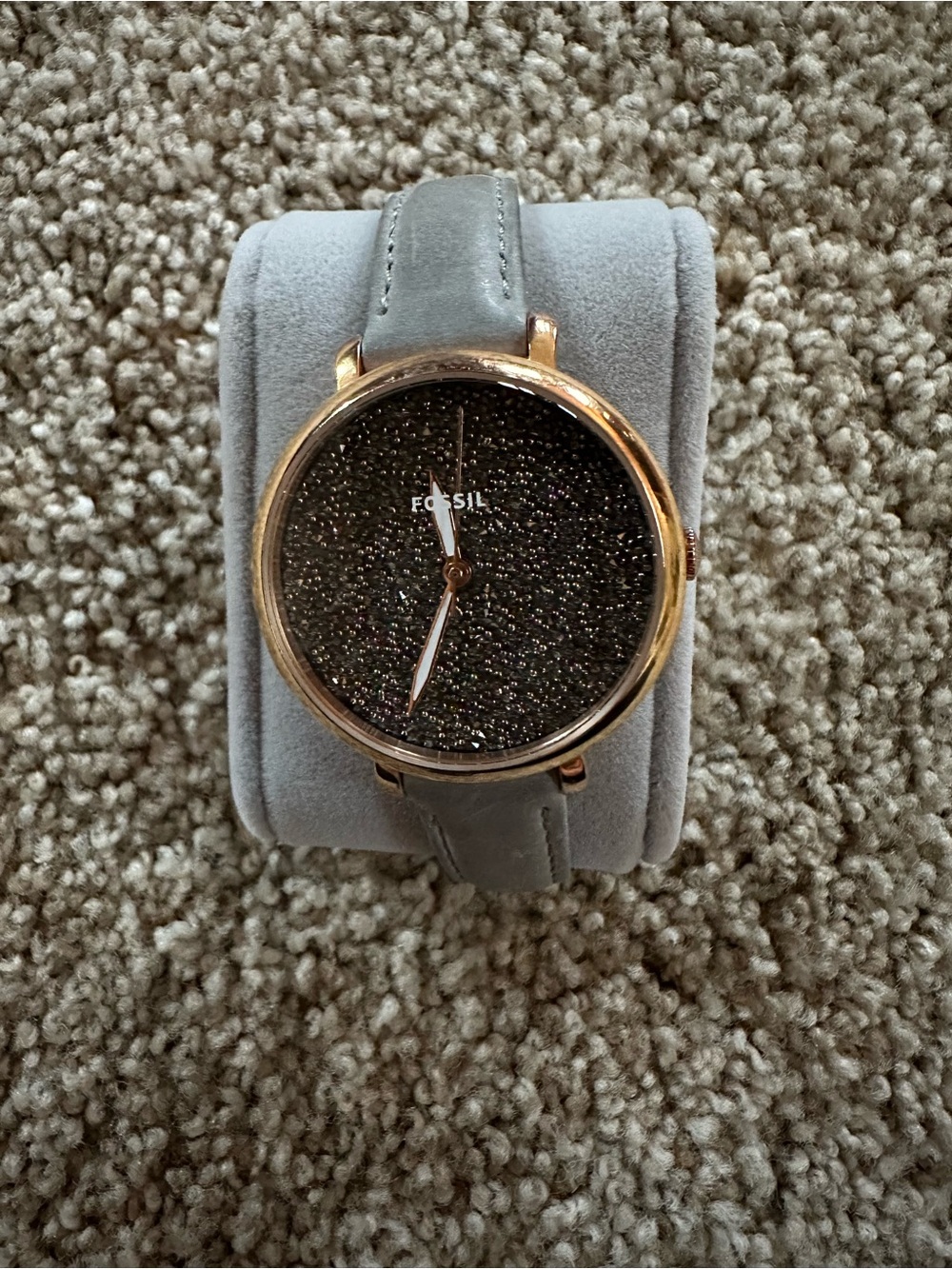 Fossil Rose Gold Case Gray Crystal Dial Leather Watch
